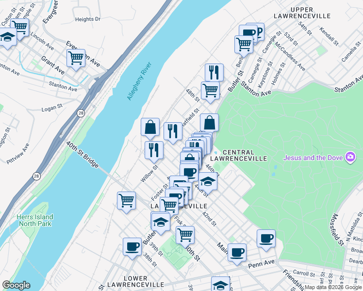 map of restaurants, bars, coffee shops, grocery stores, and more near 148 Holly Way in Pittsburgh