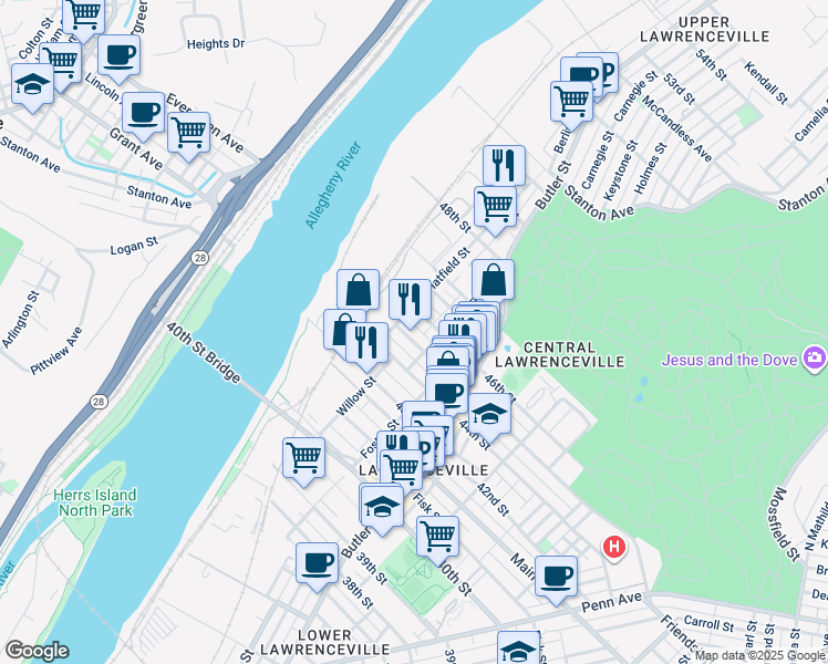 map of restaurants, bars, coffee shops, grocery stores, and more near 131 45th Street in Pittsburgh