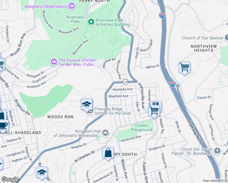 map of restaurants, bars, coffee shops, grocery stores, and more near 229 Marshall Avenue in Pittsburgh