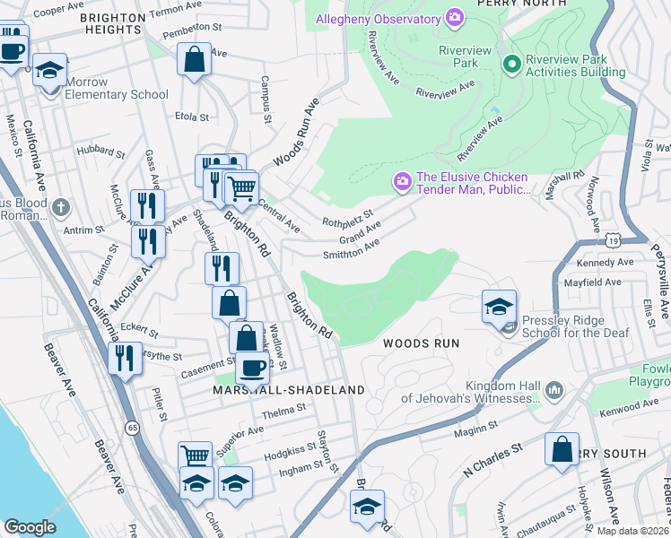 map of restaurants, bars, coffee shops, grocery stores, and more near 1035 Grand Avenue in Pittsburgh