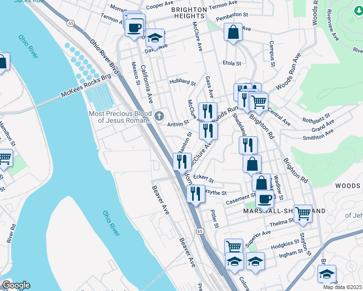 map of restaurants, bars, coffee shops, grocery stores, and more near 3261 Bainton Street in Pittsburgh
