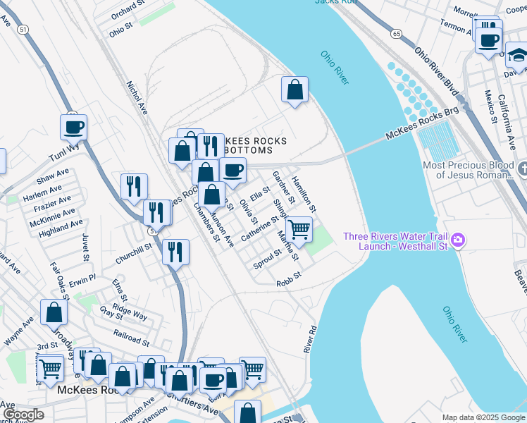 map of restaurants, bars, coffee shops, grocery stores, and more near 323 Shingiss Street in McKees Rocks