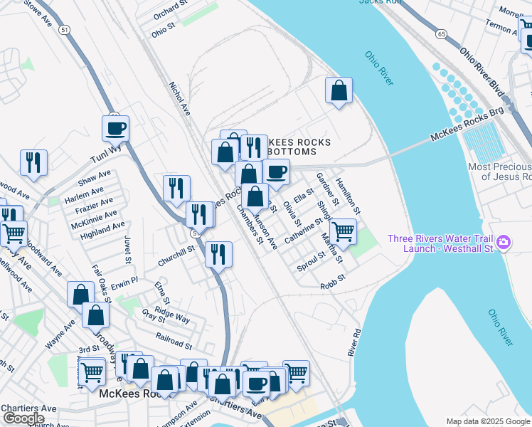 map of restaurants, bars, coffee shops, grocery stores, and more near 321 Helen Street in McKees Rocks