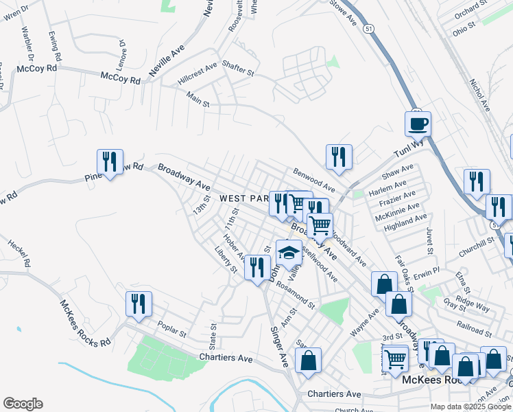 map of restaurants, bars, coffee shops, grocery stores, and more near 935 Woodward Avenue in McKees Rocks