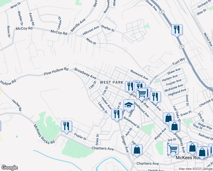 map of restaurants, bars, coffee shops, grocery stores, and more near 1204 Broadway Avenue in McKees Rocks