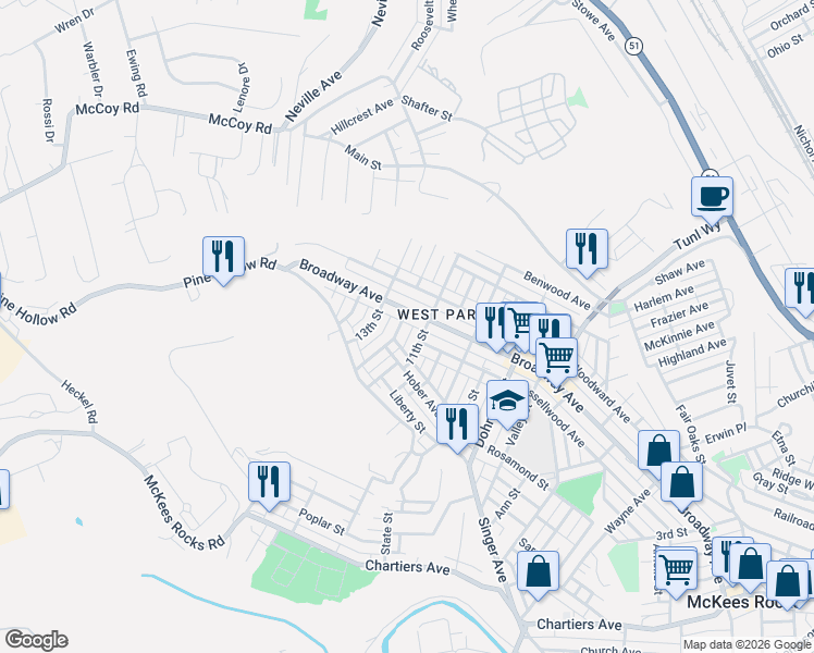 map of restaurants, bars, coffee shops, grocery stores, and more near 1204 Broadway Avenue in McKees Rocks