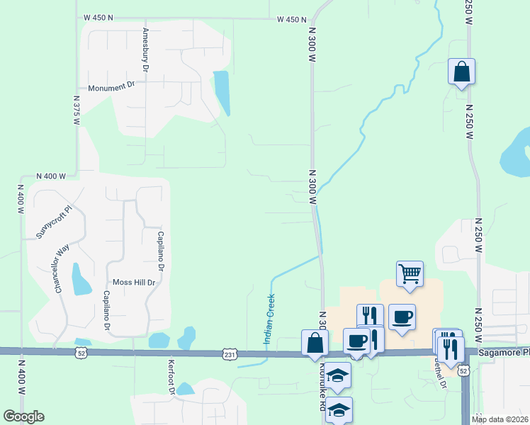 map of restaurants, bars, coffee shops, grocery stores, and more near 3934 Klondike Road in West Lafayette