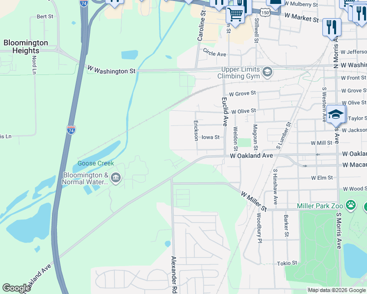 map of restaurants, bars, coffee shops, grocery stores, and more near 1719 Indiana Street in Bloomington