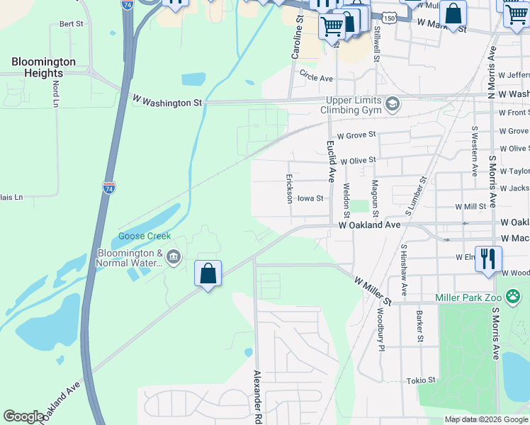 map of restaurants, bars, coffee shops, grocery stores, and more near 1719 Indiana Street in Bloomington