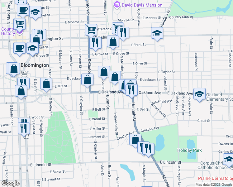 map of restaurants, bars, coffee shops, grocery stores, and more near 602 Indianapolis Street in Bloomington