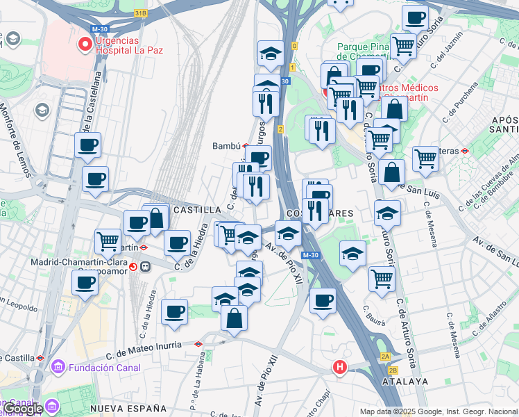 map of restaurants, bars, coffee shops, grocery stores, and more near 12 Avenida Burgos in Madrid
