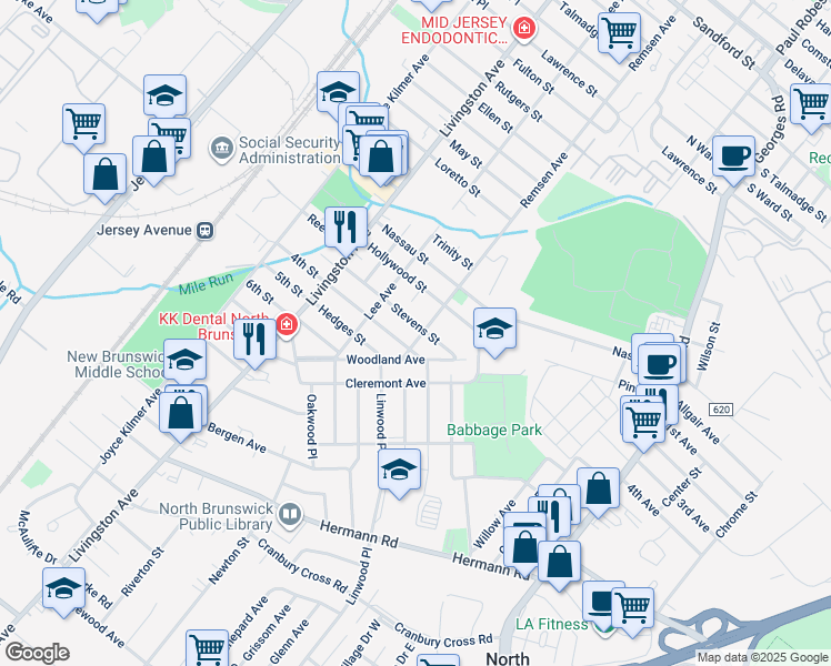 map of restaurants, bars, coffee shops, grocery stores, and more near 118 Stevens Street in North Brunswick Township