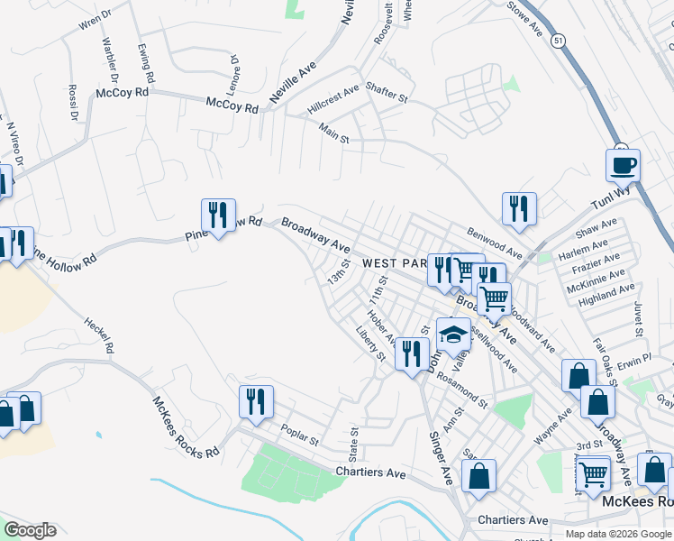 map of restaurants, bars, coffee shops, grocery stores, and more near 1101 14th Street in McKees Rocks