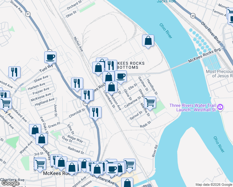 map of restaurants, bars, coffee shops, grocery stores, and more near 321 Helen Street in McKees Rocks