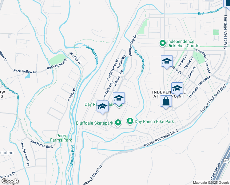 map of restaurants, bars, coffee shops, grocery stores, and more near 15235 South Reins Way in Bluffdale