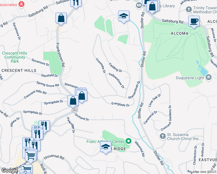 map of restaurants, bars, coffee shops, grocery stores, and more near 142 Yosemite Drive in Pittsburgh