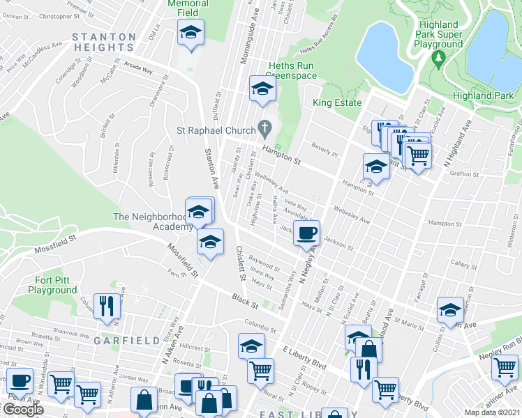 map of restaurants, bars, coffee shops, grocery stores, and more near 900 Highview Street in Pittsburgh