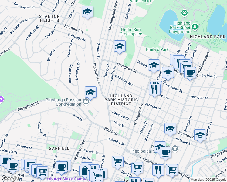 map of restaurants, bars, coffee shops, grocery stores, and more near 841 Chislett Street in Pittsburgh