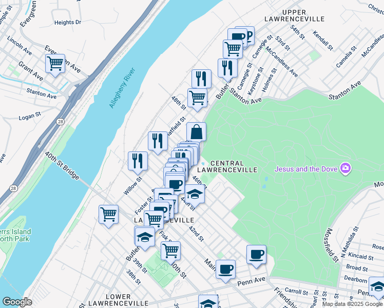 map of restaurants, bars, coffee shops, grocery stores, and more near 4644 Plummer Street in Pittsburgh