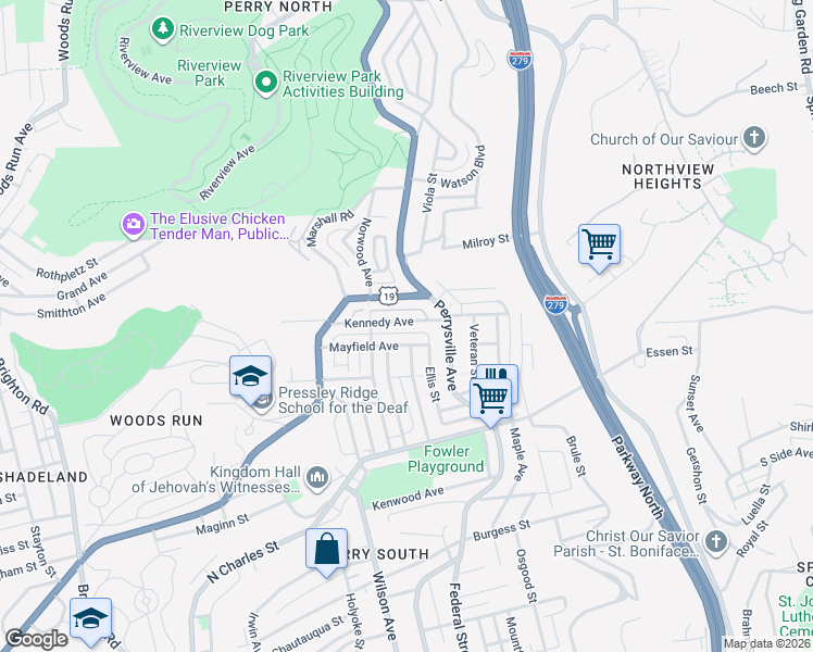 map of restaurants, bars, coffee shops, grocery stores, and more near 103 U.S. 19 in Pittsburgh