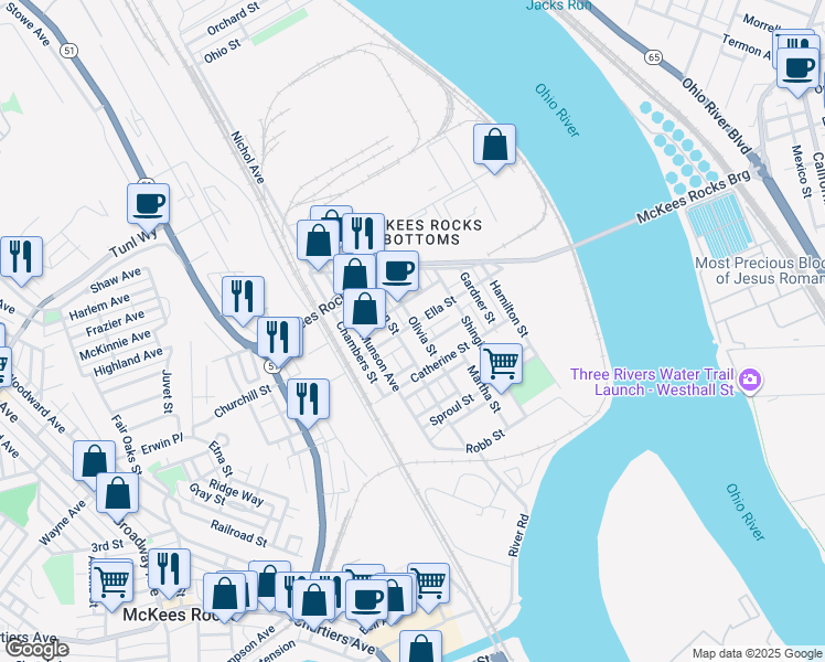 map of restaurants, bars, coffee shops, grocery stores, and more near 304 Olivia Street in McKees Rocks
