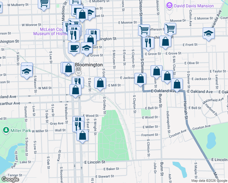 map of restaurants, bars, coffee shops, grocery stores, and more near 409 East Mill Street in Bloomington