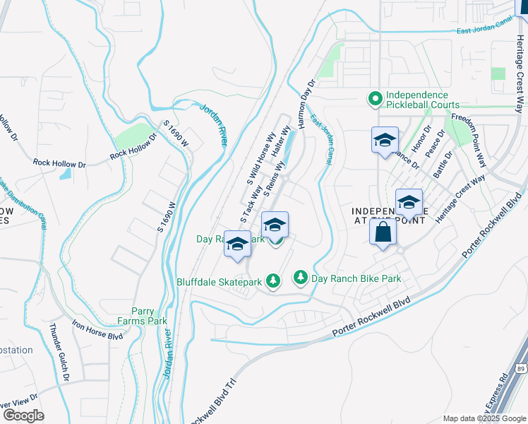 map of restaurants, bars, coffee shops, grocery stores, and more near 15261 South Reins Way in Bluffdale