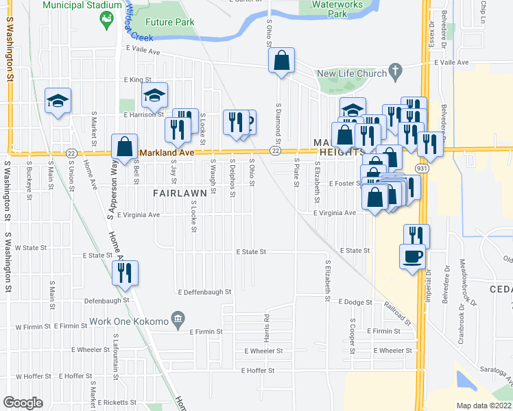 map of restaurants, bars, coffee shops, grocery stores, and more near 1132 South Ohio Street in Kokomo