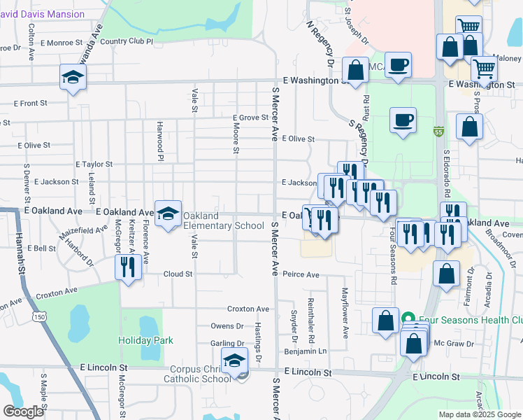 map of restaurants, bars, coffee shops, grocery stores, and more near 1 Oakland Court in Bloomington