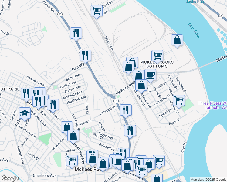 map of restaurants, bars, coffee shops, grocery stores, and more near 827 O'Donovan Street in McKees Rocks