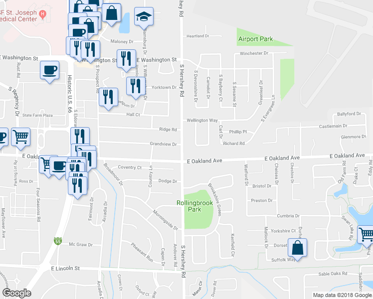 map of restaurants, bars, coffee shops, grocery stores, and more near 316 South Hershey Road in Bloomington