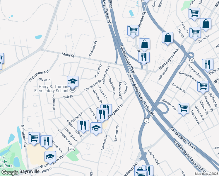 map of restaurants, bars, coffee shops, grocery stores, and more near 12 Robinhood Drive in Sayreville