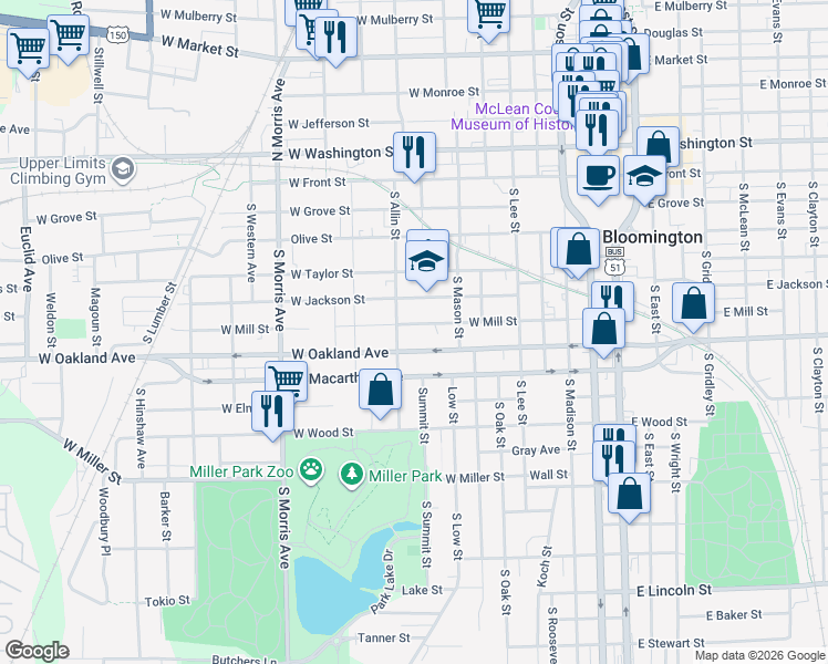 map of restaurants, bars, coffee shops, grocery stores, and more near 717 West Mill Street in Bloomington