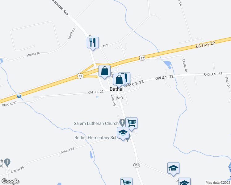 map of restaurants, bars, coffee shops, grocery stores, and more near 8490 Lancaster Avenue in Bethel