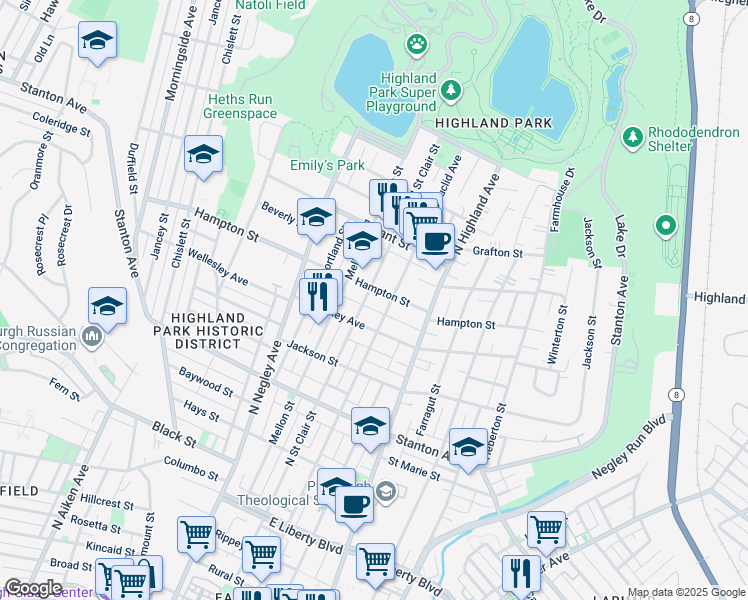 map of restaurants, bars, coffee shops, grocery stores, and more near 5806 Hampton St in Pittsburgh