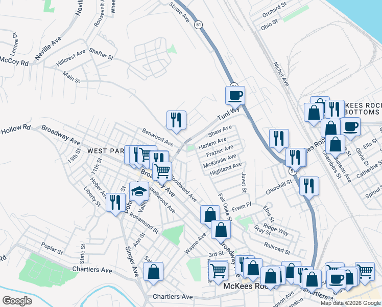 map of restaurants, bars, coffee shops, grocery stores, and more near 92 Harlem Avenue in McKees Rocks