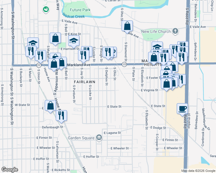 map of restaurants, bars, coffee shops, grocery stores, and more near 1128 South Delphos Street in Kokomo