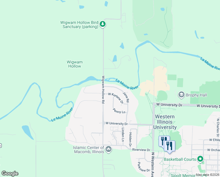 map of restaurants, bars, coffee shops, grocery stores, and more near 300 Jana Road in Macomb