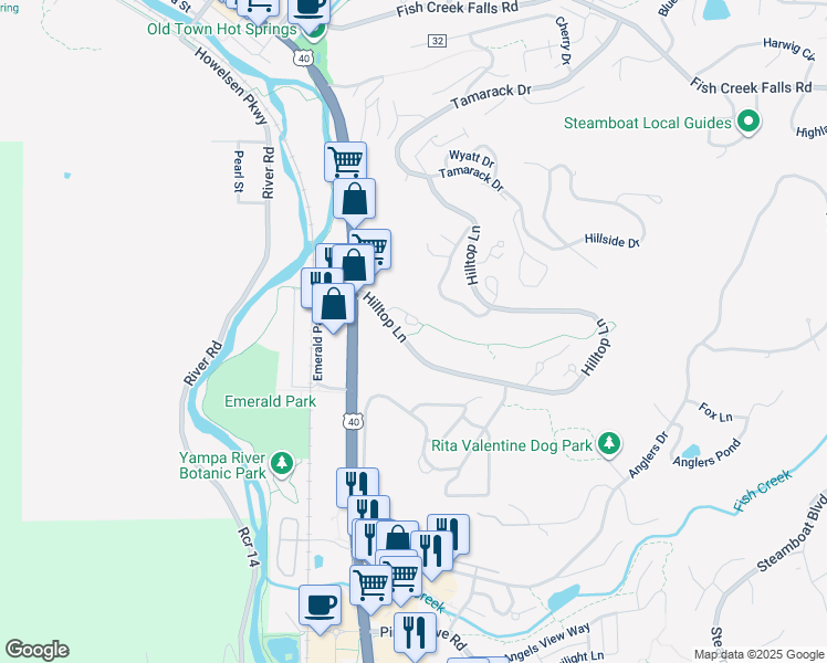 map of restaurants, bars, coffee shops, grocery stores, and more near 330 Fox Springs Circle in Steamboat Springs