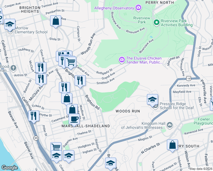 map of restaurants, bars, coffee shops, grocery stores, and more near 1001 Smithton Avenue in Pittsburgh