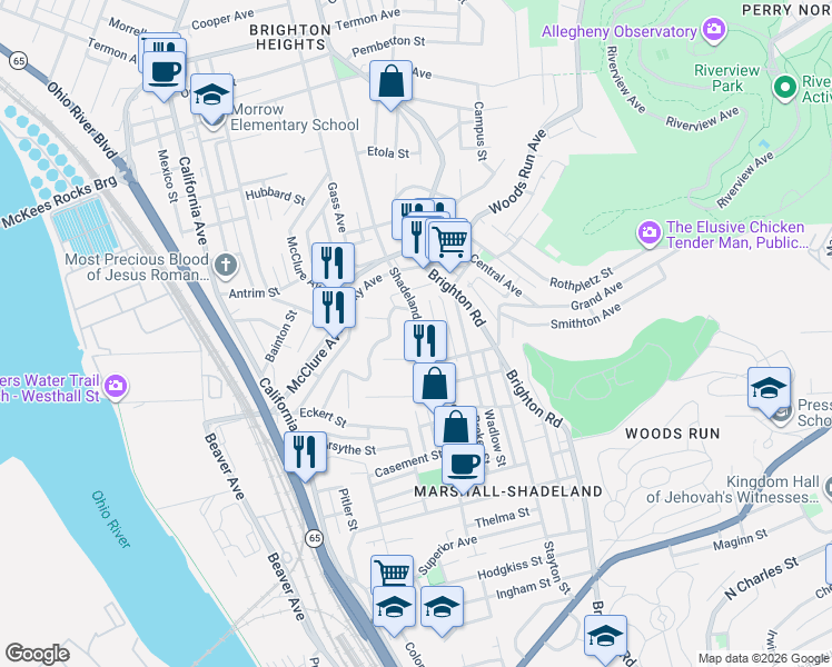 map of restaurants, bars, coffee shops, grocery stores, and more near 1329 Geyer Avenue in Pittsburgh