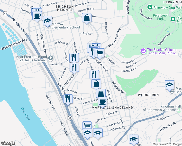 map of restaurants, bars, coffee shops, grocery stores, and more near 1329 Geyer Avenue in Pittsburgh
