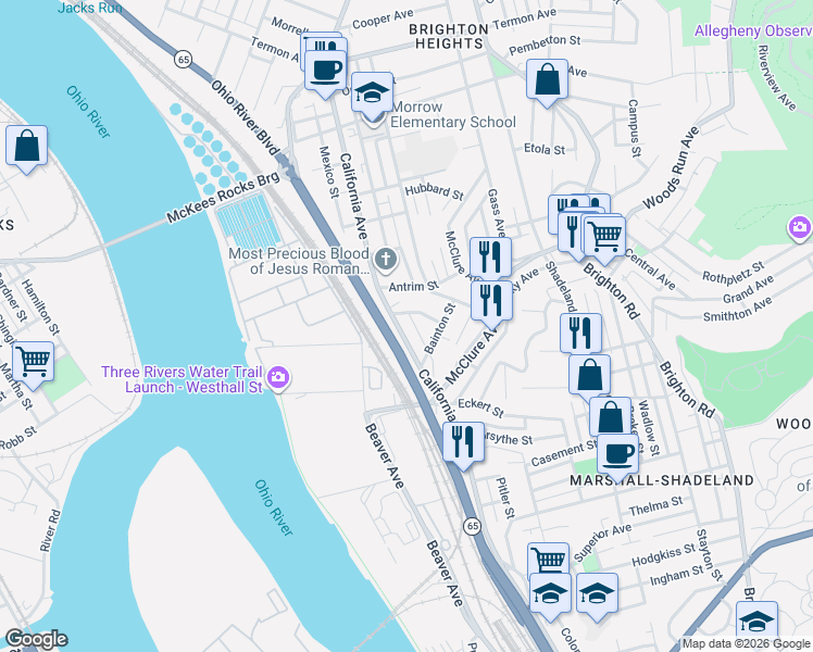map of restaurants, bars, coffee shops, grocery stores, and more near 3242 California Avenue in Pittsburgh