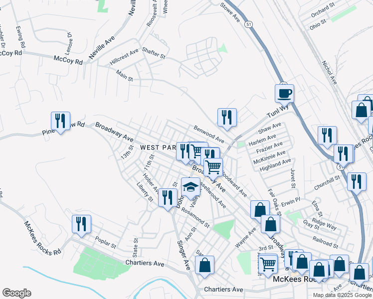 map of restaurants, bars, coffee shops, grocery stores, and more near 816 9th Street in McKees Rocks