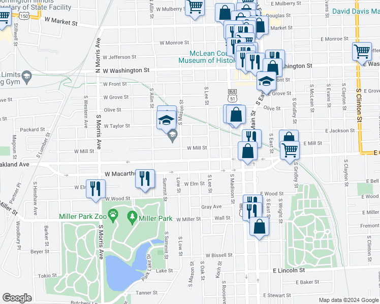 map of restaurants, bars, coffee shops, grocery stores, and more near 510 South Mason Street in Bloomington