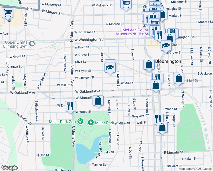 map of restaurants, bars, coffee shops, grocery stores, and more near 717 West Mill Street in Bloomington