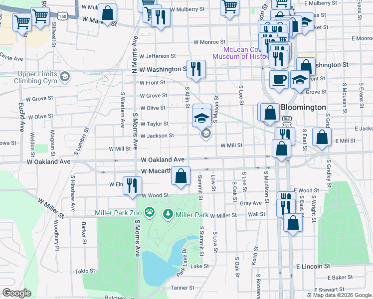 map of restaurants, bars, coffee shops, grocery stores, and more near 805 West Mill Street in Bloomington