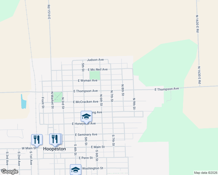 map of restaurants, bars, coffee shops, grocery stores, and more near 801 East Wyman Avenue in Hoopeston