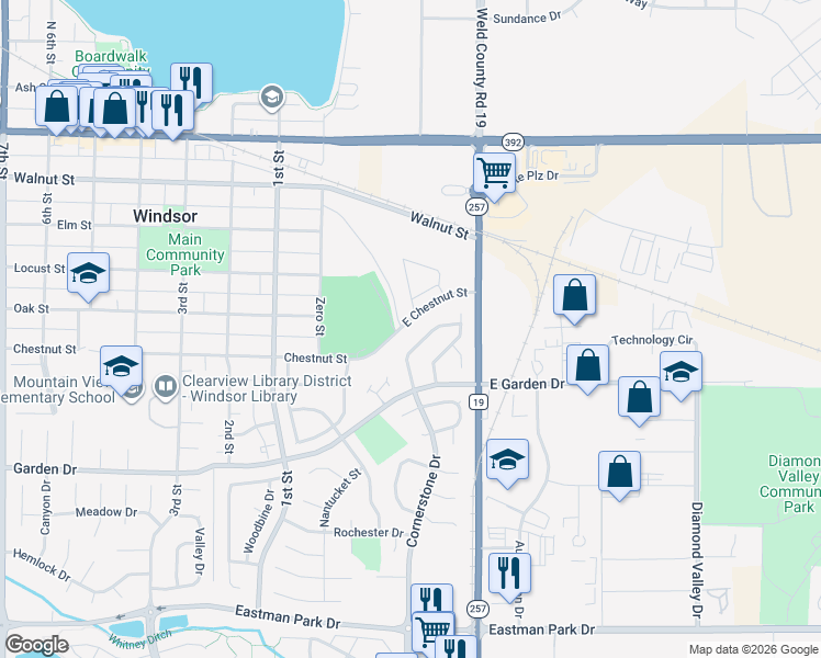 map of restaurants, bars, coffee shops, grocery stores, and more near 207 East Chestnut Street in Windsor