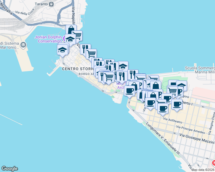 map of restaurants, bars, coffee shops, grocery stores, and more near 7 Piazza San Francesco in Taranto